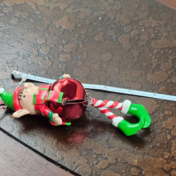 Christmas Elf Ornament Metal Bell Red Green Striped Scarf Holiday Dangling Legs - Picture 4 of 8
